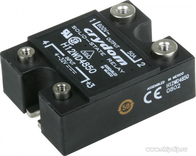 H12WD4850, Твердотельное реле, SPST-NO, 50 А, 660 В AC, Панель, Винт, Переход Через Нуль