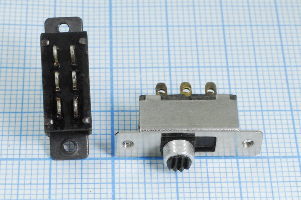 Движковый переключатель на два положения, DPDT, ON-ON; №1731 ПДв 15,0x 7,5h4\ 6C\0,3А 50В\DPDT\2отвM2,5\SC-3071