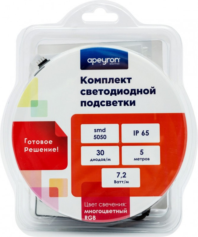 10-03, Набор светодиодной ленты, RGB, 12В, 30SMD(5050)/м, IP65, 5м, с блоком питания, контроллером, пультом