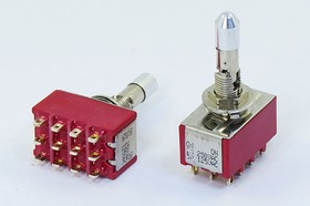 Рычажный переключатель (тумблер), 220В, 2А, переключение ON-ON, d 6.4, металлический, контакты 12C, 4P-1TL