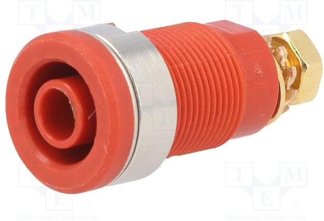 SEB6445AU-RT, Гнездо, "банан" 4мм, 32А, красный, позолота, на панель, винтами