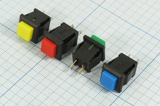 Переключатель кнопочный, 13x11, 220В, 1.5А, ON-(OFF), синий, контакты 2C, PBS-15C