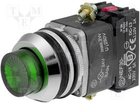 NEF30-WLZXY230V, Переключатель: кнопочный, Фикс.пол: 1, NC + NO, 30мм, зеленый, IP56
