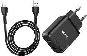 Блок питания (сетевой адаптер) HOCO N7 Speedy 2xUSB, 2.1A с кабелем Lightning (черный)