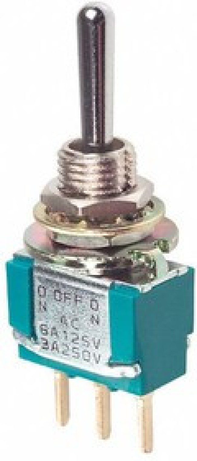 MTA106EPC, Switch Toggle ON OFF ON SPDT Long Bat Lever PC Pins 6A 250VAC 28VDC PC Mount with Threads