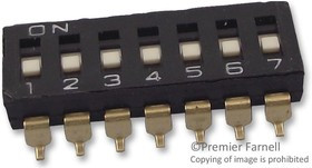 A6S7101H, DIP / SIP переключатель, 7 схем(-а), Ползунок, SMD (Поверхностный Монтаж), SPST, 24 В DC, 25 мА A6S7101H, DIP / SIP переключатель, 7 схем(-а), Ползунок, SMD (Поверхностный Монтаж), SPST, 24 В DC, 25 мА