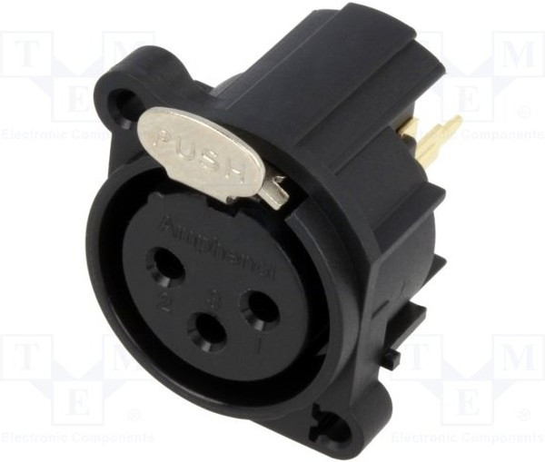 AC3FAV-AU-PRE, XLR Connectors 3 Pole XLR Female Chassis Mount A Type Gold Contacts Black Finish Vertical PCB AC3FAV-AU-PRE, XLR Connectors 3 Pole XLR Female Chassis Mount A Type Gold Contacts Black Finish Vertical PCB