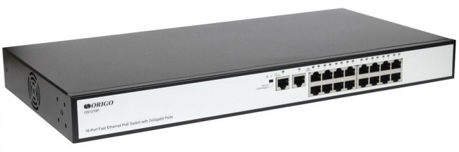 Неуправляемый PoE-коммутатор ORIGO OS1218P/190W/A1A 16x100Base-TX PoE+, 2x1000Base-T, PoE-бюджет 190 Вт, корпус металл