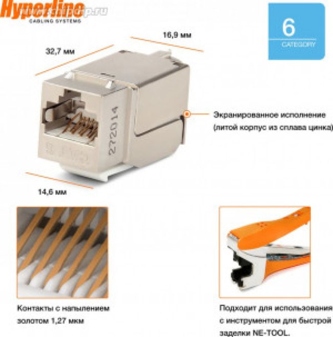 01 Вставка Hyperline, Keystone Jack RJ-45(8P8C), категория 6, экранированная, 110 IDC, заделка с помощью NE-TOOL, белая 01 Вставка Hyperline, Keystone Jack RJ-45(8P8C), категория 6, экранированная, 110 IDC, заделка с помощью NE-TOOL, белая