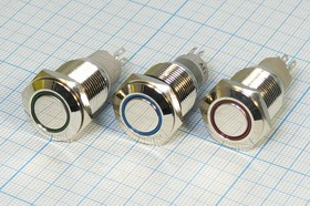Переключатель кнопочный, d16, 12В, 3А, ON-OFF, металлический/ILзеленый, контакты 5C, LA16JSH-Z-E12