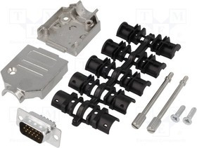 DTZK09-HDP-K, Разъем D-Sub HD; PIN: 15; вилка; "папа"; пайка; на провод; черный