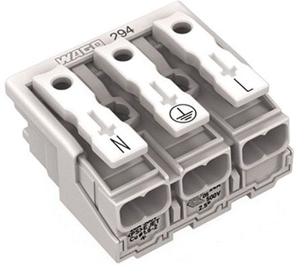 Mains connection terminal, 3 pole, 0.5-2.5 mm², clamping points: 15, white, push-in wire connection, 24 A Mains connection terminal, 3 pole, 0.5-2.5 mm², clamping points: 15, white, push-in wire connection, 24 A