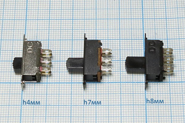 Движковый переключатель на два положения, DPDT, ON-ON; №1730 ПДв 15,0x 7,5h8\ 6C\0,3А 50В\DPDT\2отвM2,5\SC-3073