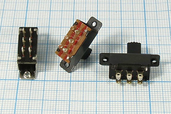 Движковый переключатель на два положения, DPDT, ON-ON; №1730 ПДв 15,0x 7,5h8\ 6C\0,3А 50В\DPDT\2отвM2,5\SC-3073