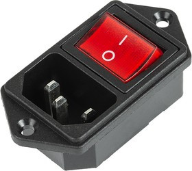 36-2282, Выключатель клавишный 250 V 6 А (4с) ON-OFF красный с подсветкой и штекером C14 3PIN