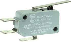 V15T16-CZ100A02-K, Микропереключатель, Стандартный, Петлевой Рычаг, SPDT, Быстрое Соединение, 16 А V15T16-CZ100A02-K, Микропереключатель, Стандартный, Петлевой Рычаг, SPDT, Быстрое Соединение, 16 А
