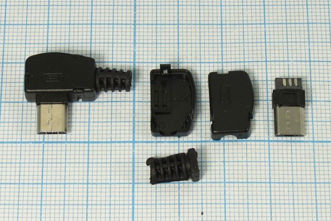 Разъем microUSB вилка, тип B, контакты 5C, на кабель, угловой, microUSB B-5PBR1