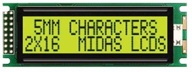 MC21605DA6W-SPTLY-V2, DISPLAY, ALPHANUMERIC, 16X2, YELLOW/GRN