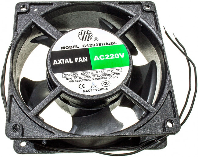 G12038HA2BL-5P, (120*120*38 220V), Вентилятор 220В AC, 2600об/мин., 2.32м3/мин, 120х120х38мм, подшипник качения, тип вывода - провод