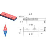 Неодимовый магнит прямоугольник 50х15х6 мм с двумя зенковками 4/7.5 мм
