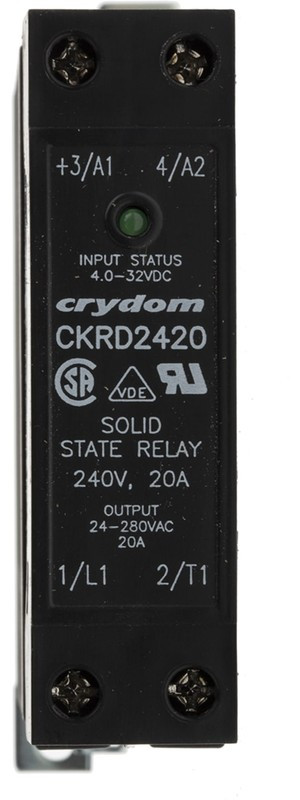 CKRD2420, CKR24 Series Solid State Relay, 20 A rms Load, DIN Rail Mount, 280 V rms Load, 32 V Control CKRD2420, CKR24 Series Solid State Relay, 20 A rms Load, DIN Rail Mount, 280 V rms Load, 32 V Control