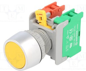 PBF22-1-O/C-Y, Переключатель: кнопочный, Фикс.пол: 1, NC + NO, 3A/230ВAC, 22мм