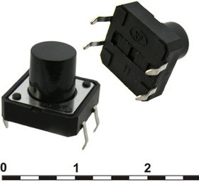 KAN1211-1001B 12x12x10 mm, Тактовая кнопка KAN1211-1001B, 12x12x10 мм, OFF-(ON), 50 мА, 12 В, 100 мОм