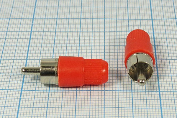 Разъем RCA вилка, 4-5мм, на кабель, пластик, L29, красный, [тюльпан]