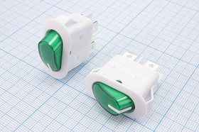 Овальный выключатель 2-х полюсный в белом корпусе с зеленой подсветкой 220В/16А, c фиксацией; №12533G Пкл\\15\2xON-OFF\\ бел\ILзел\\4T\KCD3-