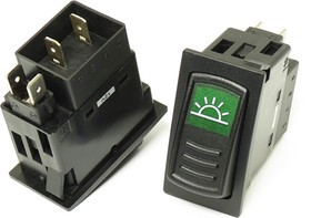 Переключатель клавишный, контакты 4T, 20А, 12В, ON-OFF, подсветка ILзеленая[лампа], R13-289ALG