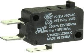 V15H22-CZ100-K, Микропереключатель, Стандартный, Контактный Плунжер, SPDT, Быстрое Соединение, 22 А
