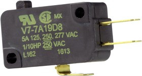 V7-7A19D8, Микропереключатель, Миниатюрный, Контактный Плунжер, SPDT, Быстрое Соединение, 5 А