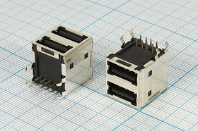 Разъем USB розетка x2, тип A, контакты на плату, угловой, USB A-2FR