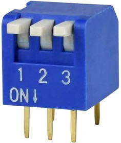 DS02C-254-1L-03BE, DIP Switches / SIP Switches DIP Switch, SPST, 2.54 pitch, Raised actuator, convex bottom, long pin, 3 position, Blue