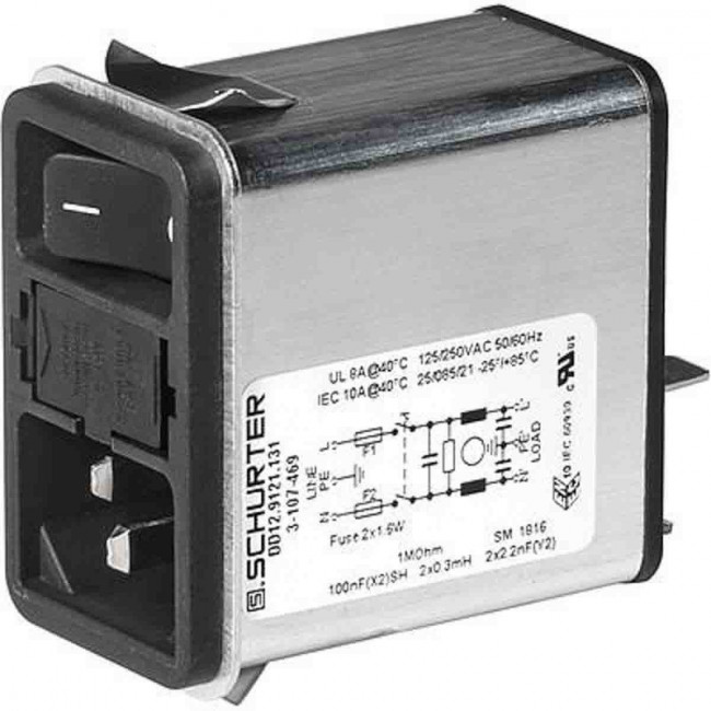 3-107-468, Filtered IEC Power Entry Module, IP40, C14, IEC C14, General Purpose, 8 А, 250 В AC