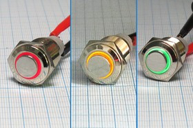 Переключатель кнопочный, d16, 220В, 3.0А, ON-(ON), металлический/ILзеленый, контакты 5C, LA19JSH-E
