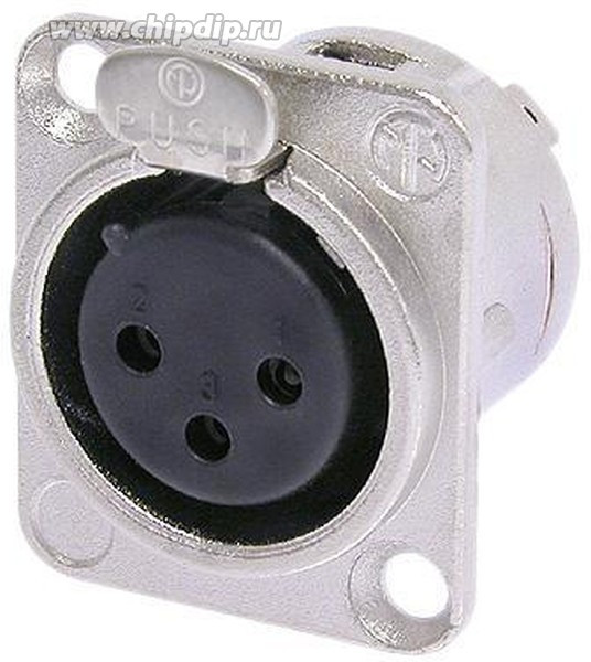 NC3FD-L-1, Гнездо, XLR, "мама", PIN: 3, фланец (2 отверстия), на панель, пайка