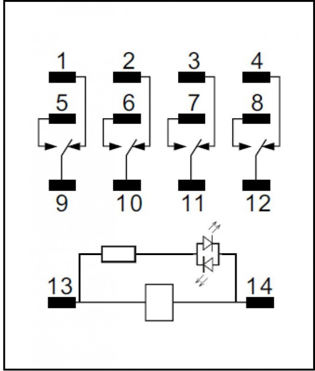 Releon Промежуточное реле; 4 перекидных контакта 6А (= 12В DC) блокируемая кнопка проверки + светодиод RP434901205