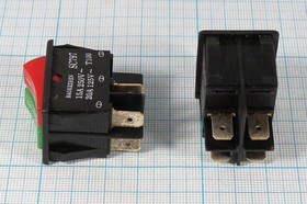 Двойной клавишный выключатель с красной и зелёной кнопками 220В/15А, c фиксацией; №1086 Пкл\\15\2-ON-OFF\\чер\ зел&amp;кр\\4T\KCD2-2101-4\