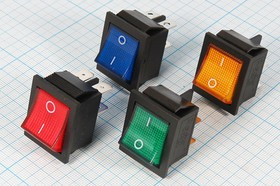 Клавишный выключатель 2-х полюсный с жёлтой подсветкой 220В/15А, c фиксацией; №1726 Y Пкл\\15\ON-OFF\21,5x27,2\ чер\ILжел\\4T\IRS201-1С\