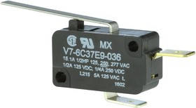 V7-6C37E9-036, Микропереключатель, Миниатюрный, Прямой Рычаг, SPST-NC, Быстрое Соединение, 15.1 А