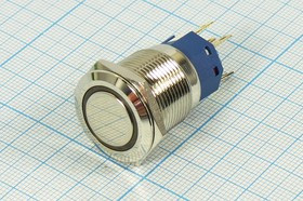 Переключатель кнопочный, d19, 220В, 5.0А, ON-(ON), металлический/ILзеленый, контакты 5C, LA19AJS-E