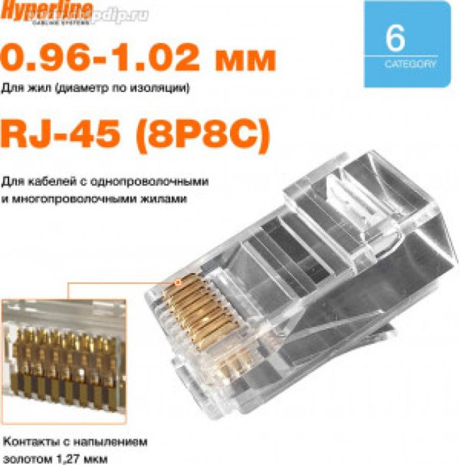 Коннектор Hyperline, RJ45(8p8c), кат. 6, неэкр., для одножильного и многожильного кабеля, 100 шт, цвет: прозрачный Коннектор Hyperline, RJ45(8p8c), кат. 6, неэкр., для одножильного и многожильного кабеля, 100 шт, цвет: прозрачный