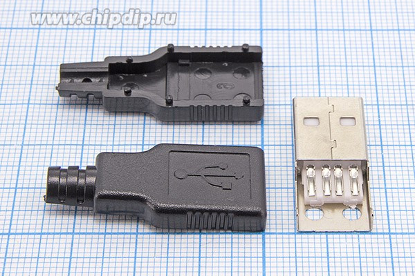 Штекер USB, Тип A, 4 контакта, на кабель, в пластиковом кожухе; №2265 штек USB \A\4C\каб\\\USB-A SPB