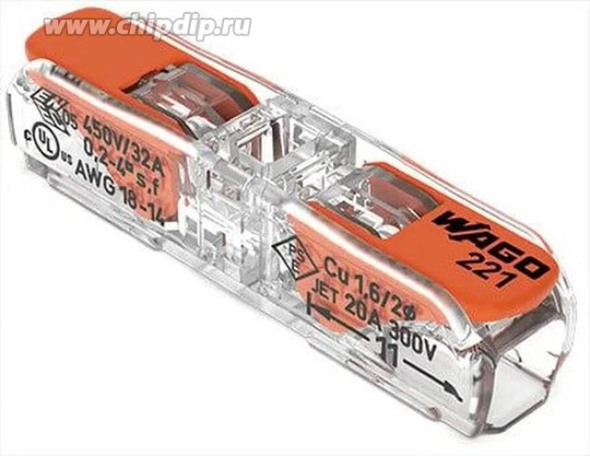 221-2411, 2-проводной коннектор, 4 мм2, с рычагами, прозрачный корпус