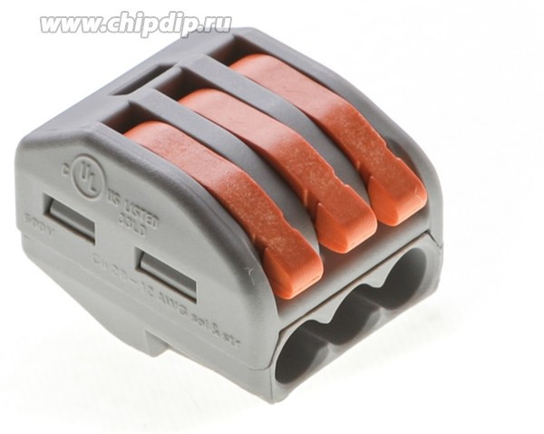 DG223-4.61-03P-11-00AH, (222-413) 3-проводная клемма, 2,5 мм2, серая, оранж. рычаг DG223-4.61-03P-11-00AH, (222-413) 3-проводная клемма, 2,5 мм2, серая, оранж. рычаг