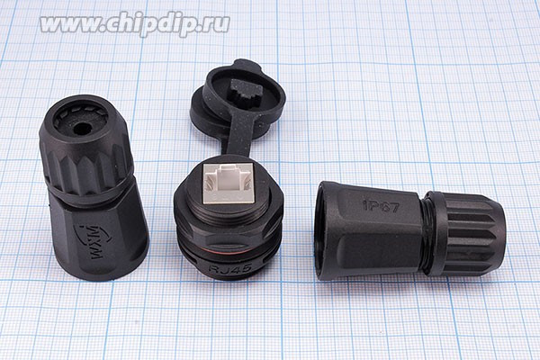 Гнездо телефонное 8P8C на панель, степень защиты IP67, переходник; Q-15807 гн телеф 8P8C-гн телеф 8P8C\гермет\\ пан\\RJ45M25Z2