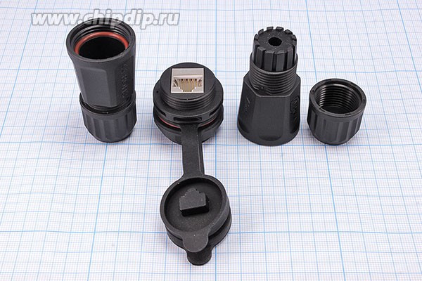 Гнездо телефонное 8P8C на панель, степень защиты IP67, переходник; Q-15807 гн телеф 8P8C-гн телеф 8P8C\гермет\\ пан\\RJ45M25Z2