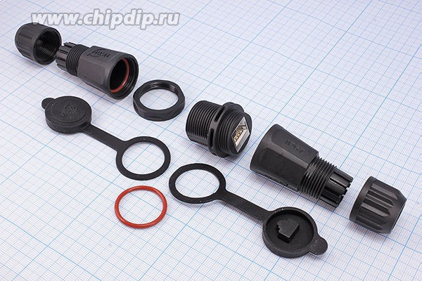 Гнездо телефонное 8P8C на панель, степень защиты IP67, переходник; Q-15807 гн телеф 8P8C-гн телеф 8P8C\гермет\\ пан\\RJ45M25Z2