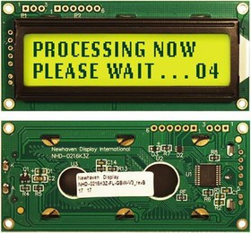 NHD-0216K3Z-FL-GBW-V3, 2x16 Characters STN-GRAY Y/G LED backlight Transflective 6:00 Wide Temp (-20 to +70C) SPI RS-232 (TTL) I2C RoHS